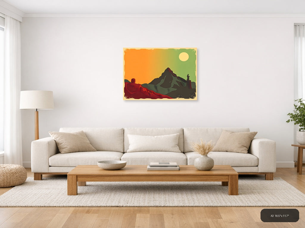 Vintage Mountain Landscape with Hikers - Retro Wall Art — A3 / Living Room