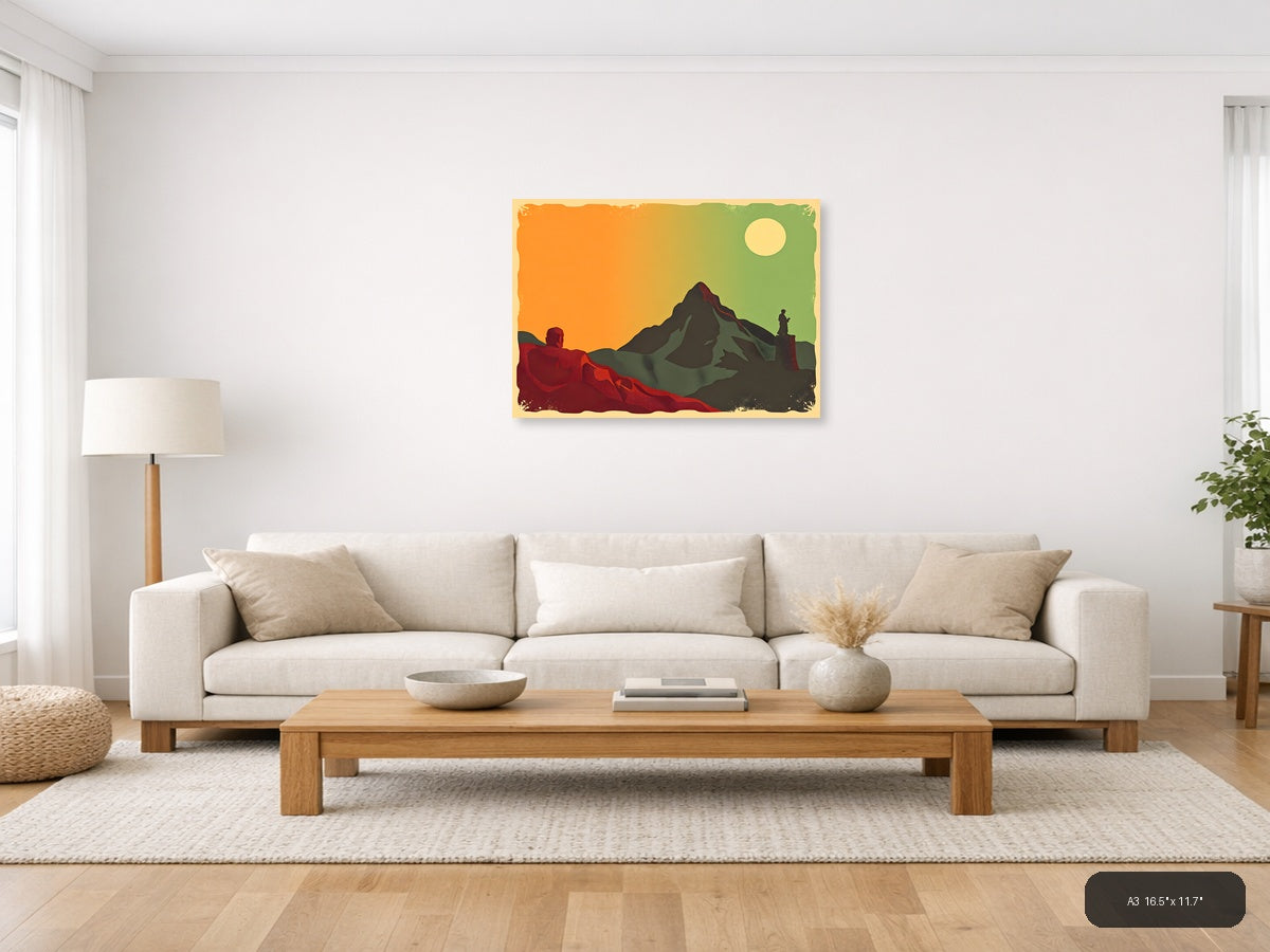 Vintage Mountain Landscape with Hikers - Retro Wall Art — A3 / Living Room