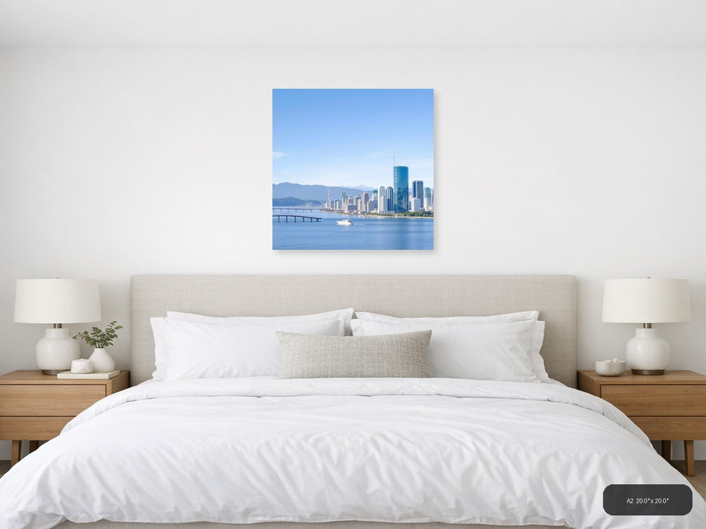 Vancouver Skyline Blue Water Mountains Minimalist Wall Art — A2 (Bedroom)