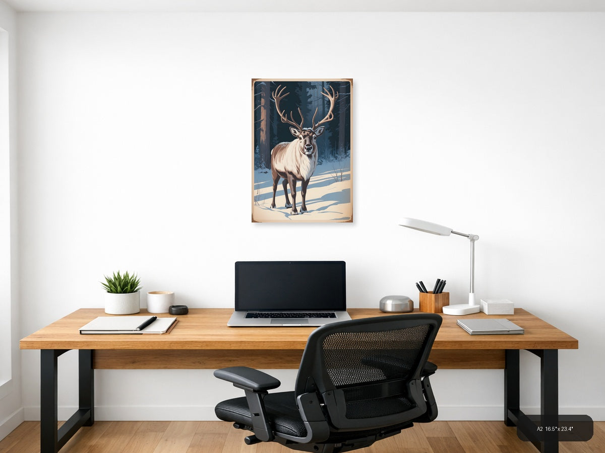 Majestic Deer in Winter Forest Vintage Wall Art — A2 / Office