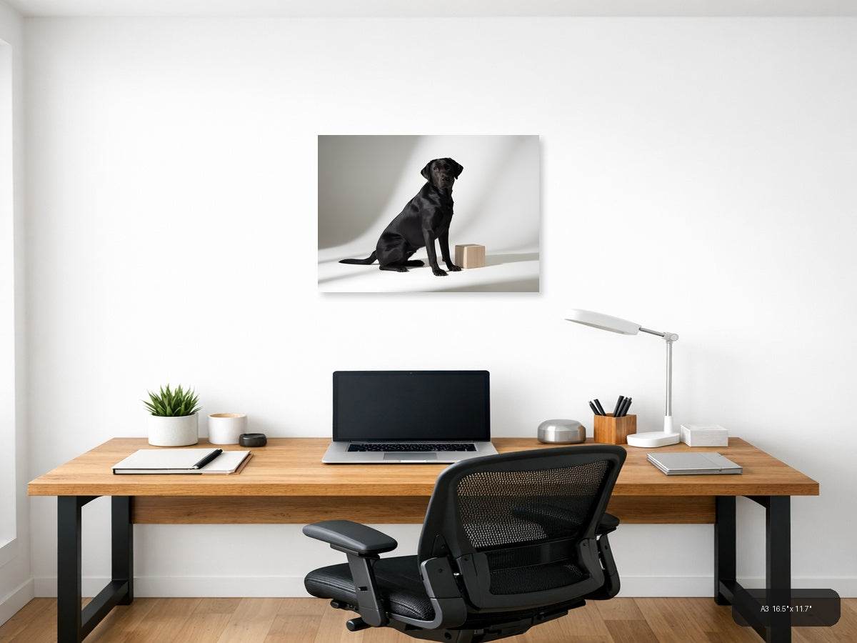 Black Labrador with Wooden Block Minimalist Wall Art — A3 / Office