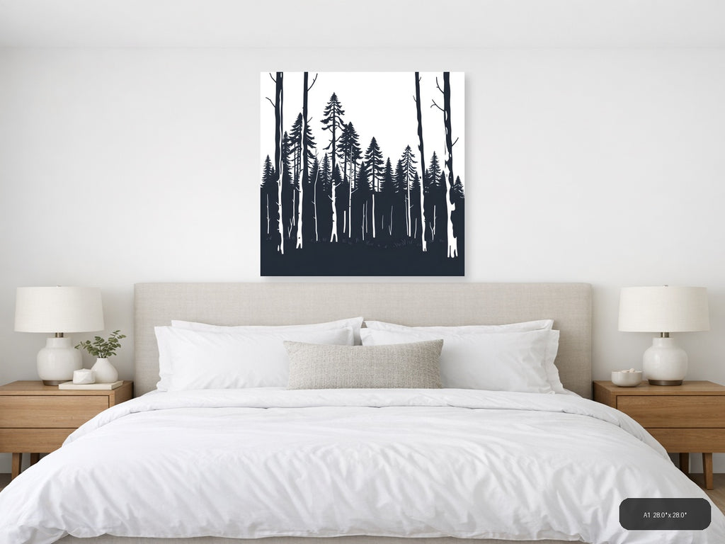 Minimalist Forest Silhouette Black and White Wall Art — A1 / Bedroom