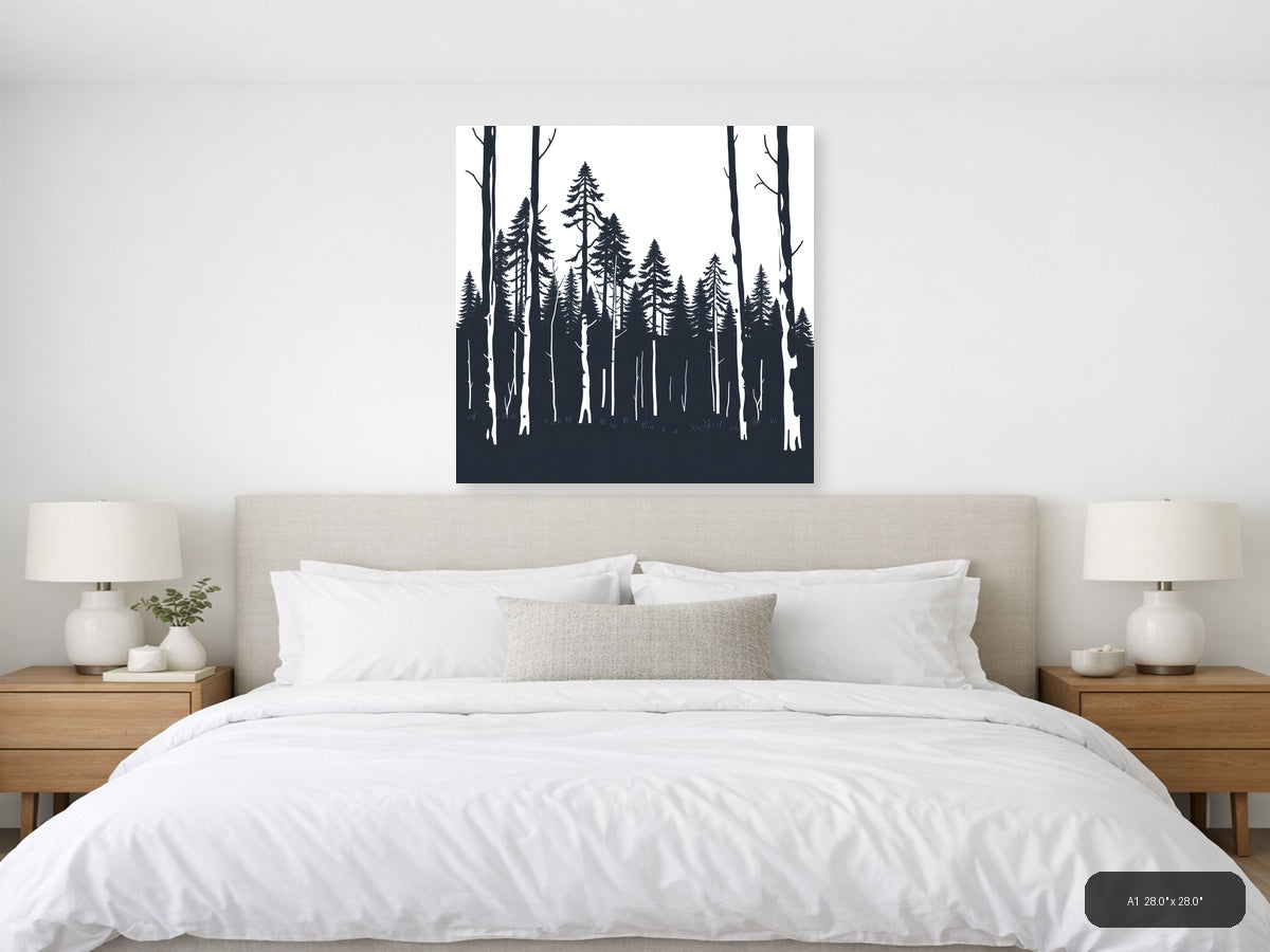 Minimalist Forest Silhouette Black and White Wall Art — A1 / Bedroom