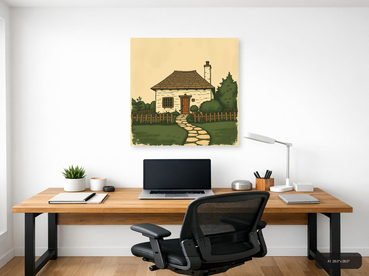 Vintage Cottage with Chimney & Garden Fence Wall Art — A1 / Office