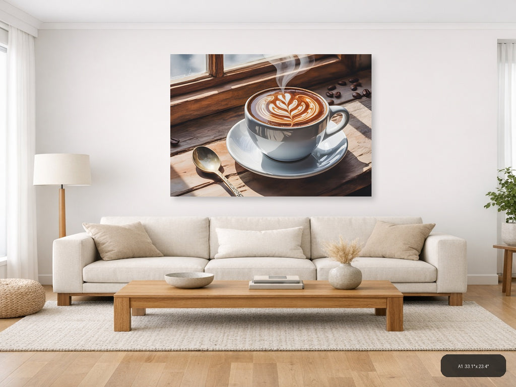 Latte Art Coffee Cup Window Watercolor Wall Art — A1 / Living Room