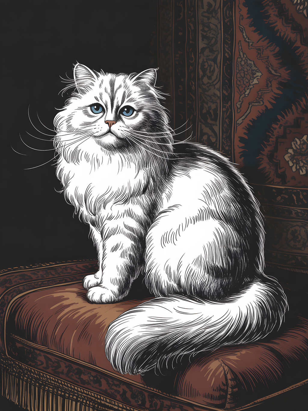 Fluffy White Cat Line Art Portrait Wall Art