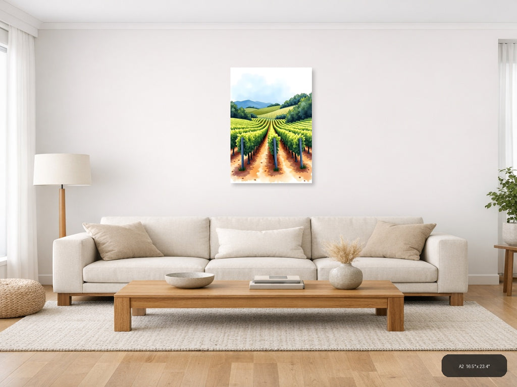 Vineyard Rows Watercolor Landscape Wall Art — A2 / Living Room