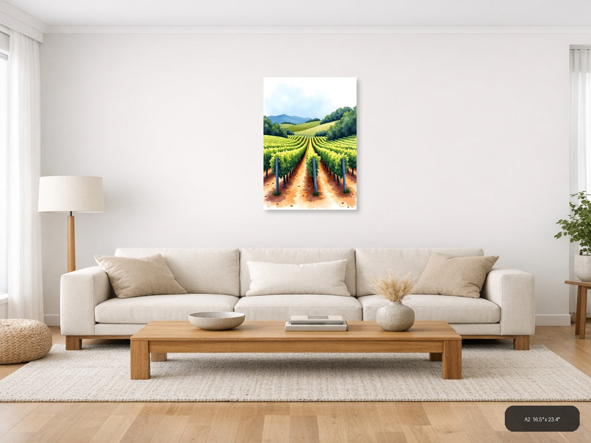 Vineyard Rows Watercolor Landscape Wall Art — A2 / Living Room