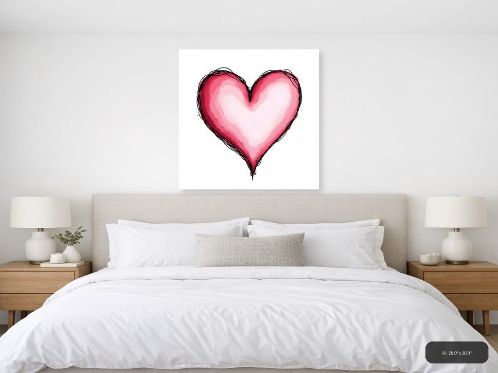 Pink Heart Line Art with Watercolor Fill Wall Art — A1 / Bedroom