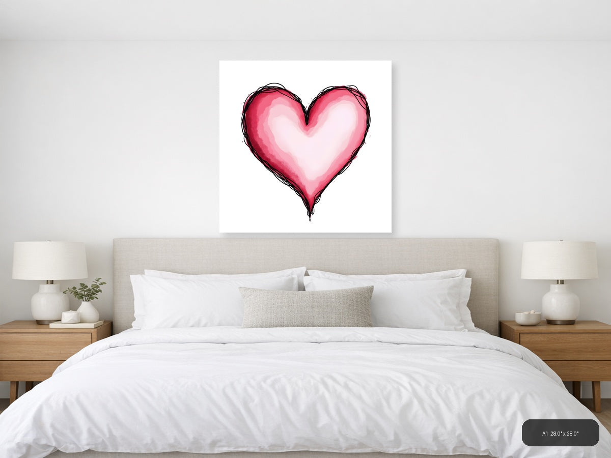 Pink Heart Line Art with Watercolor Fill Wall Art — A1 / Bedroom