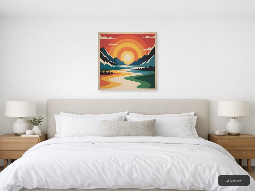 Vintage Sunset Mountain River Landscape Wall Art — A2 / Bedroom
