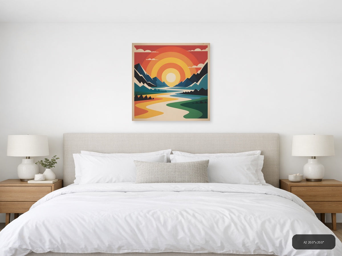 Vintage Sunset Mountain River Landscape Wall Art — A2 / Bedroom