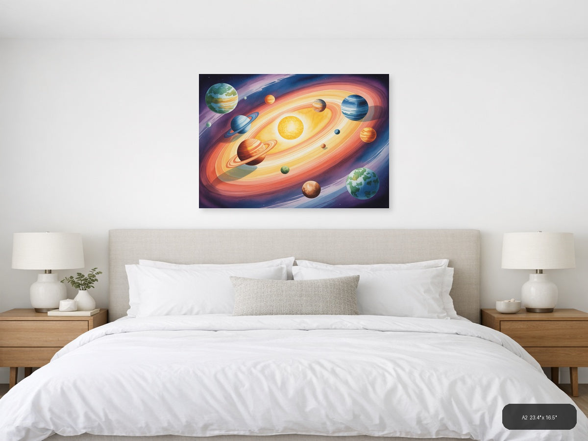 Solar System Planets Watercolor Landscape Wall Art — A2 / Bedroom