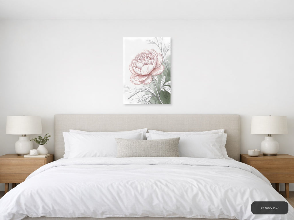 Pink Peony Line Art with Green Leaves Wall Art — A2 / Bedroom