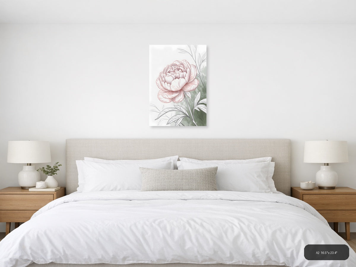 Pink Peony Line Art with Green Leaves Wall Art — A2 / Bedroom