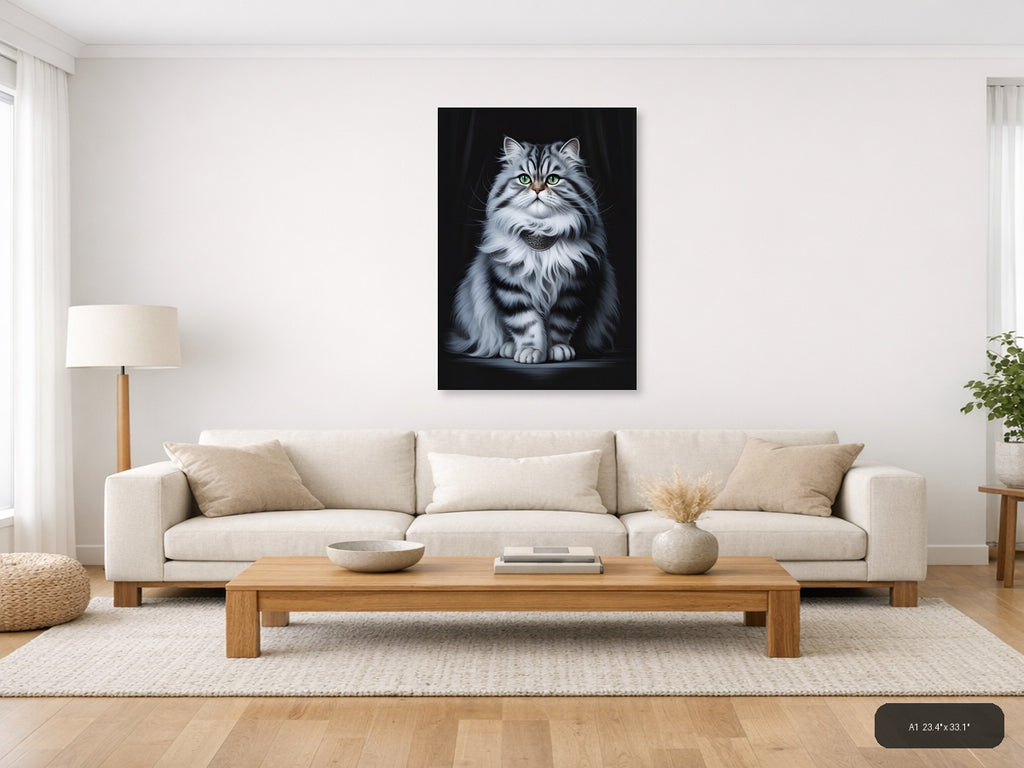 Majestic Grey Tabby Cat with Green Eyes Photography Wall Art — A1 / Living Room