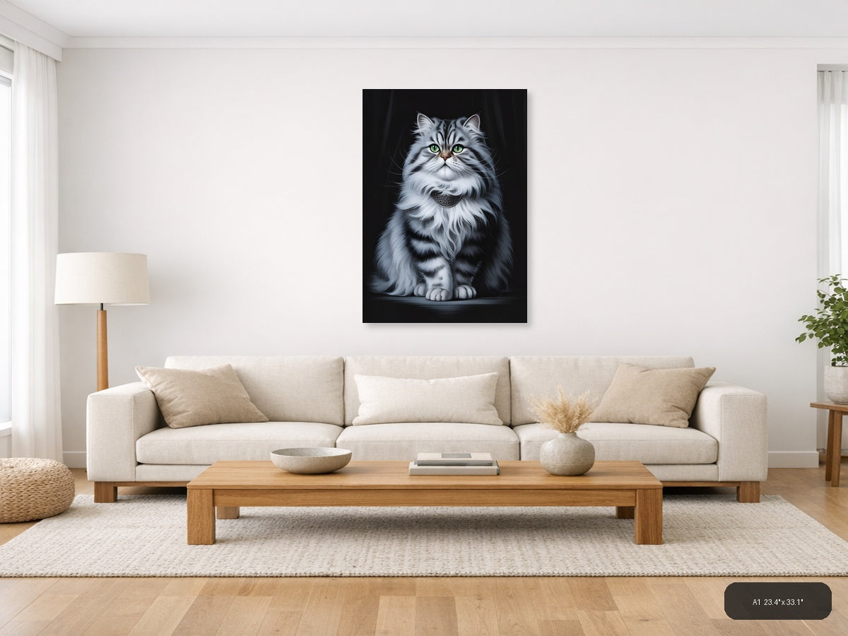 Majestic Grey Tabby Cat with Green Eyes Photography Wall Art — A1 / Living Room
