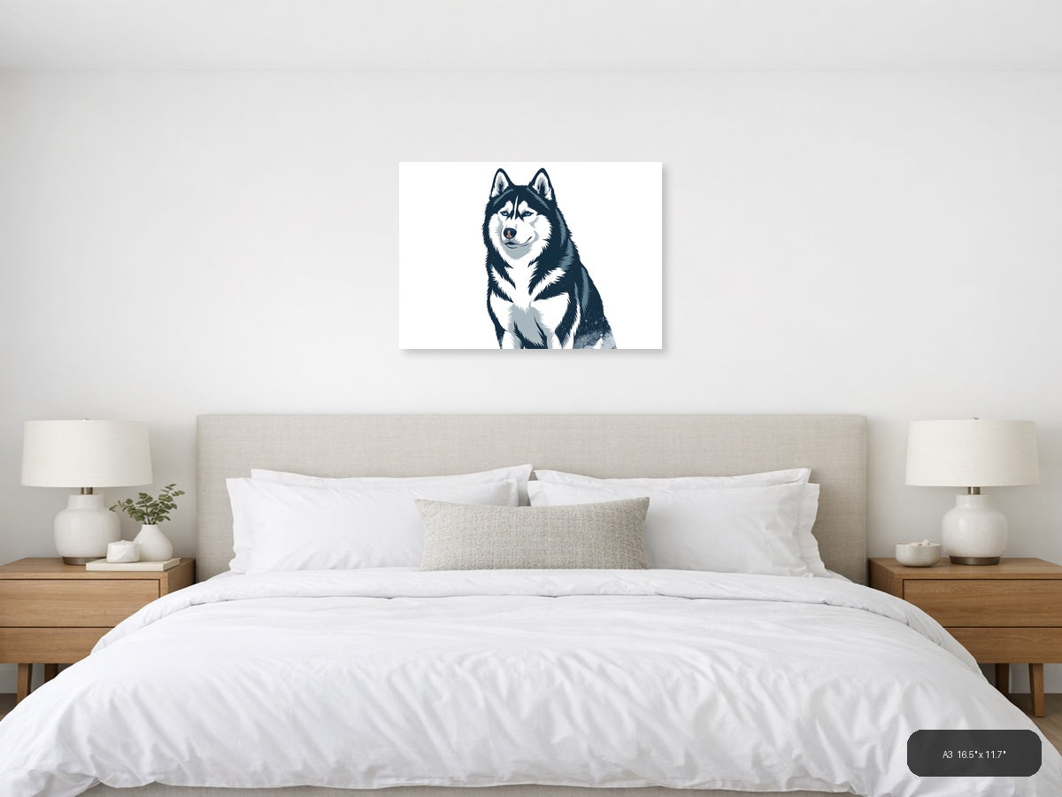 Husky Portrait Minimalist Black and White Wall Art — A3 / Bedroom