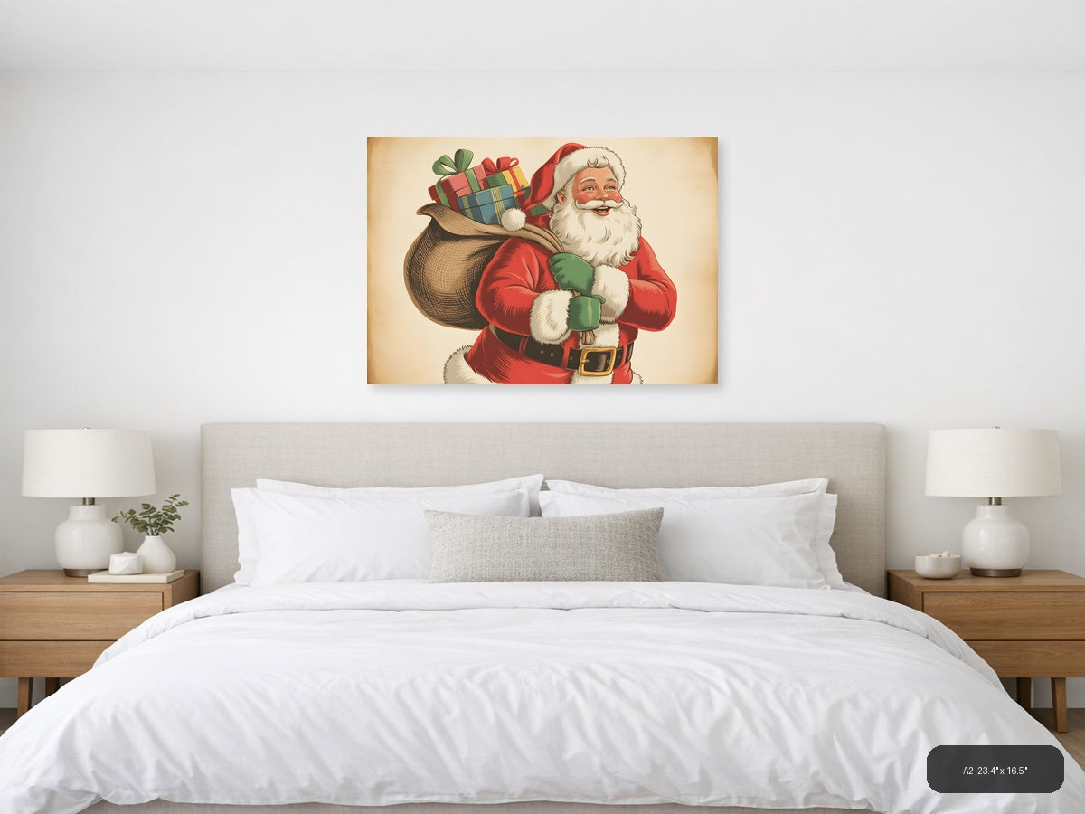 Vintage Santa Claus with Gifts Illustration Wall Art — A2 / Bedroom