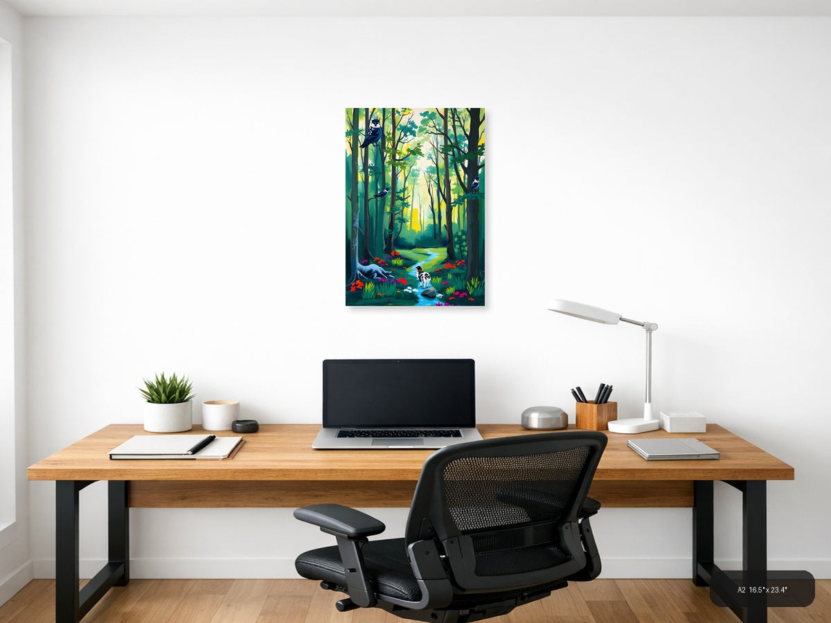 Forest Stream with Birds Abstract Wall Art — A2 / Office