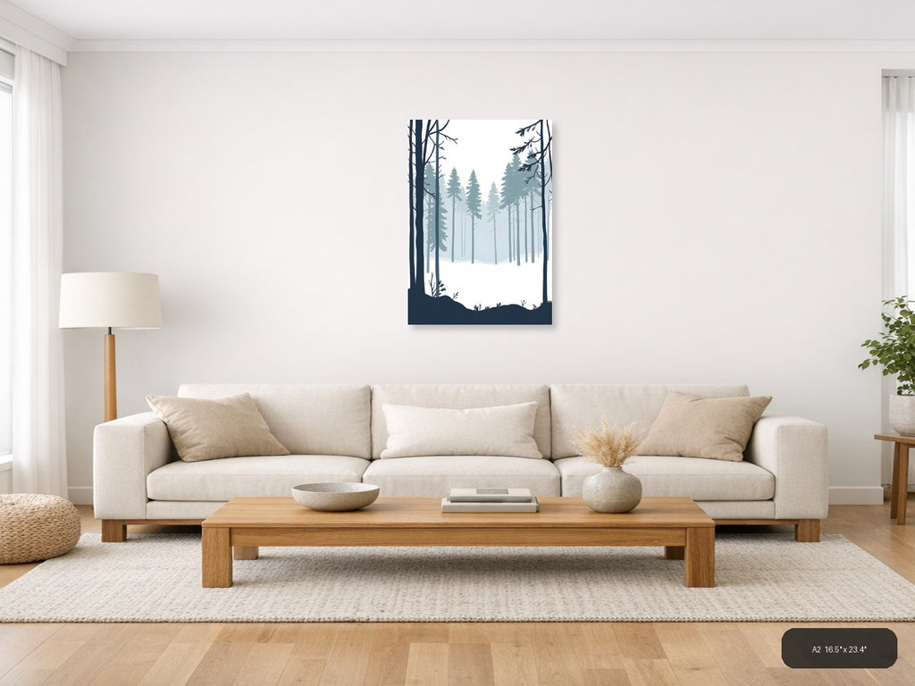 Minimalist Winter Forest Landscape Silhouette Wall Art — A2 / Living Room