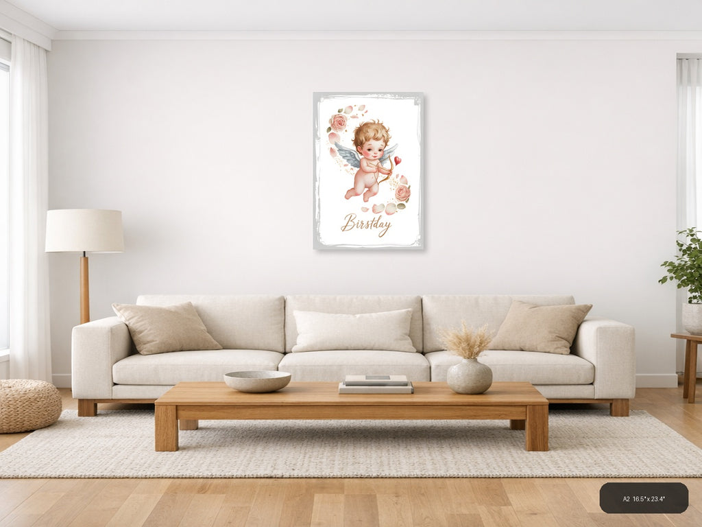 Cupid Birthday Watercolor Angel Wing Wall Art — A2 / Living Room