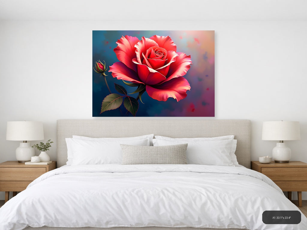 Red Rose with Buds Abstract Floral Wall Art — A1 / Bedroom