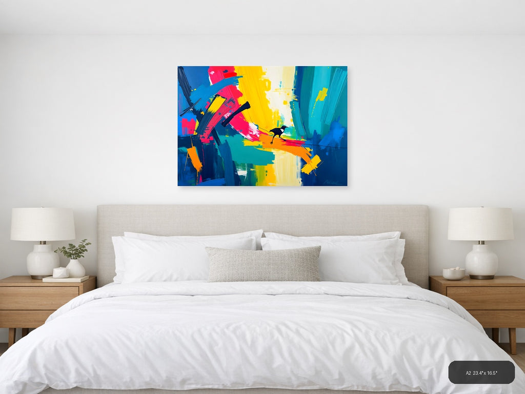 Colorful Abstract Bird on Rainbow Brushstrokes Wall Art — A2 / Bedroom