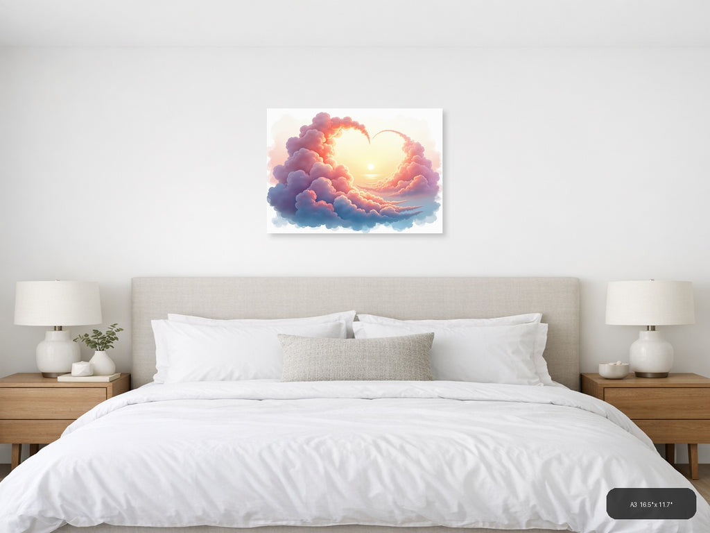 Sunset Heart Clouds Watercolor Landscape Wall Art — A3 / Bedroom