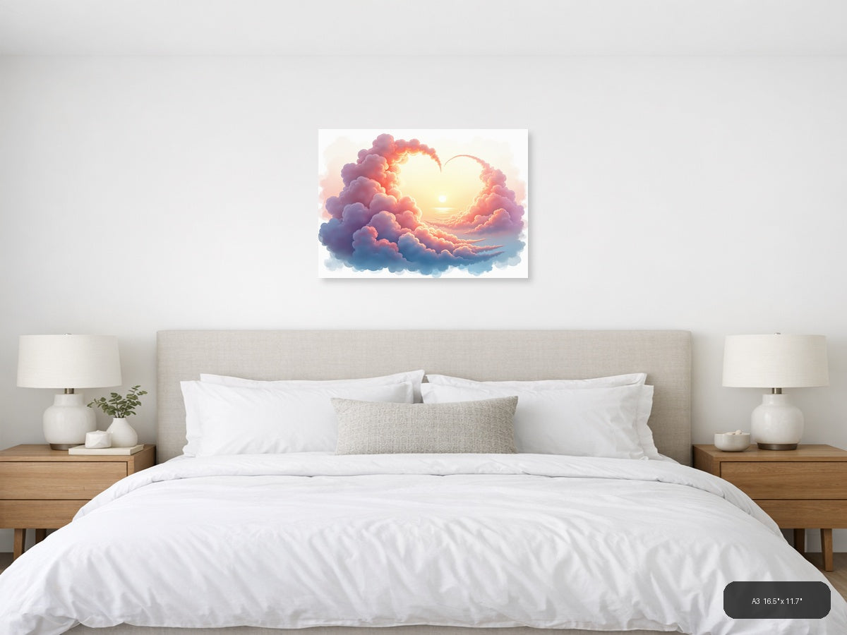 Sunset Heart Clouds Watercolor Landscape Wall Art — A3 / Bedroom
