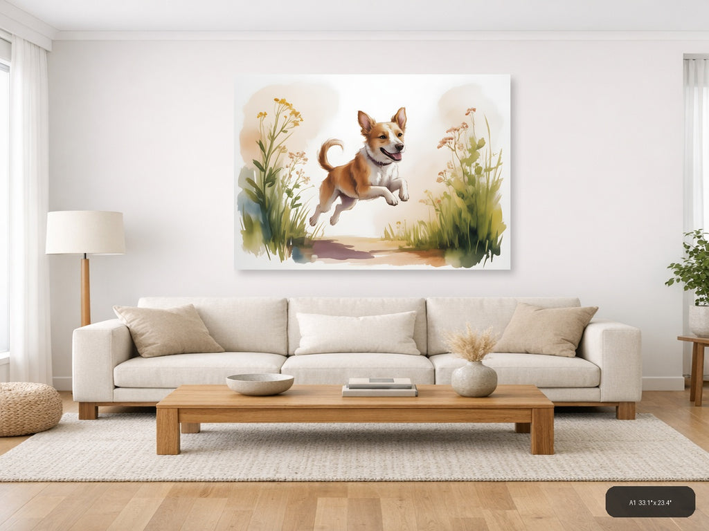 Happy Dog Jumping in Wildflowers Watercolor Wall Art — A1 / Living Room