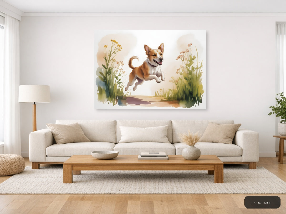 Happy Dog Jumping in Wildflowers Watercolor Wall Art — A1 / Living Room