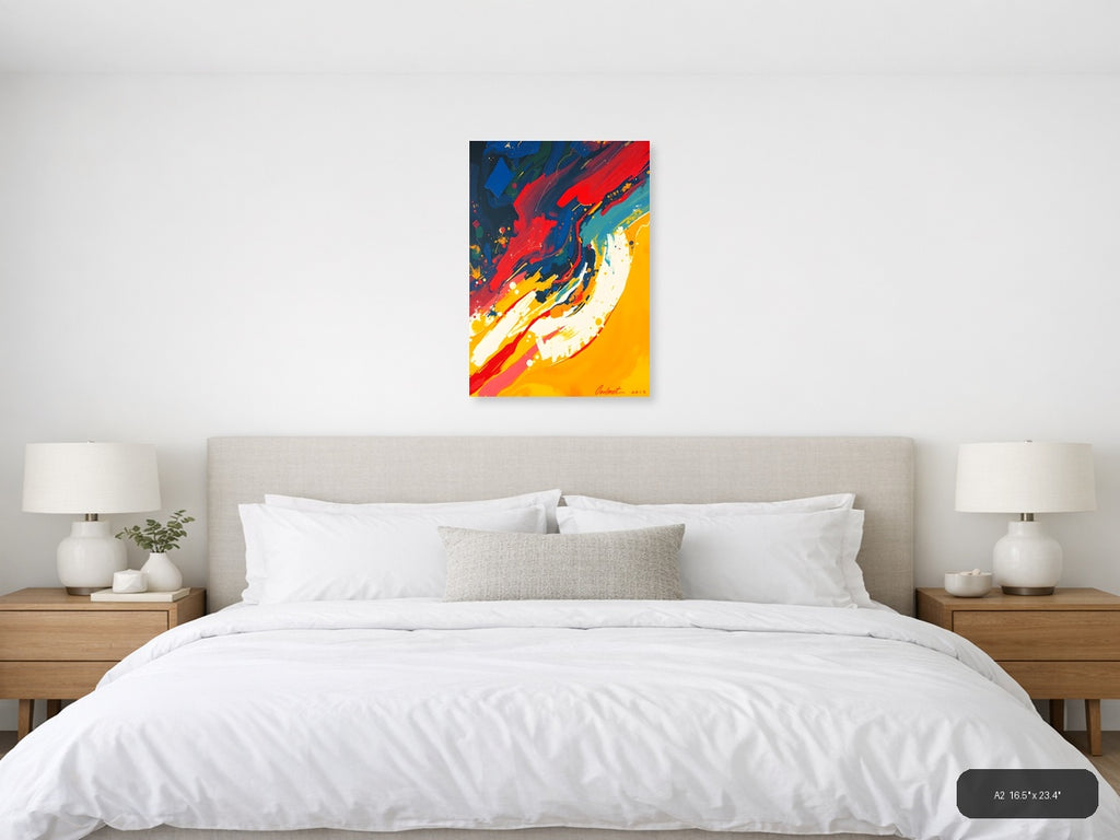 Bold Abstract Fluid Art with Red, Blue & Yellow Wall Art — A2 / Bedroom