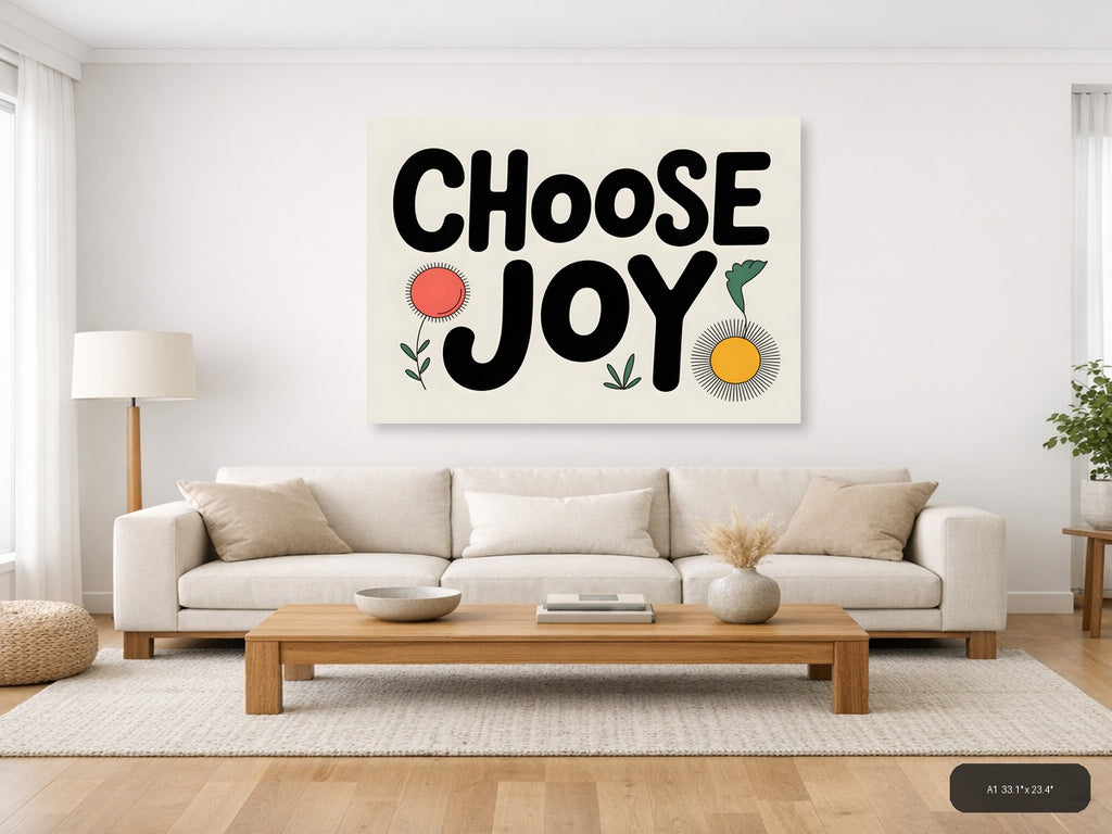 Choose Joy Line Art Print with Flowers and Sun Wall Art — A1 / Living Room