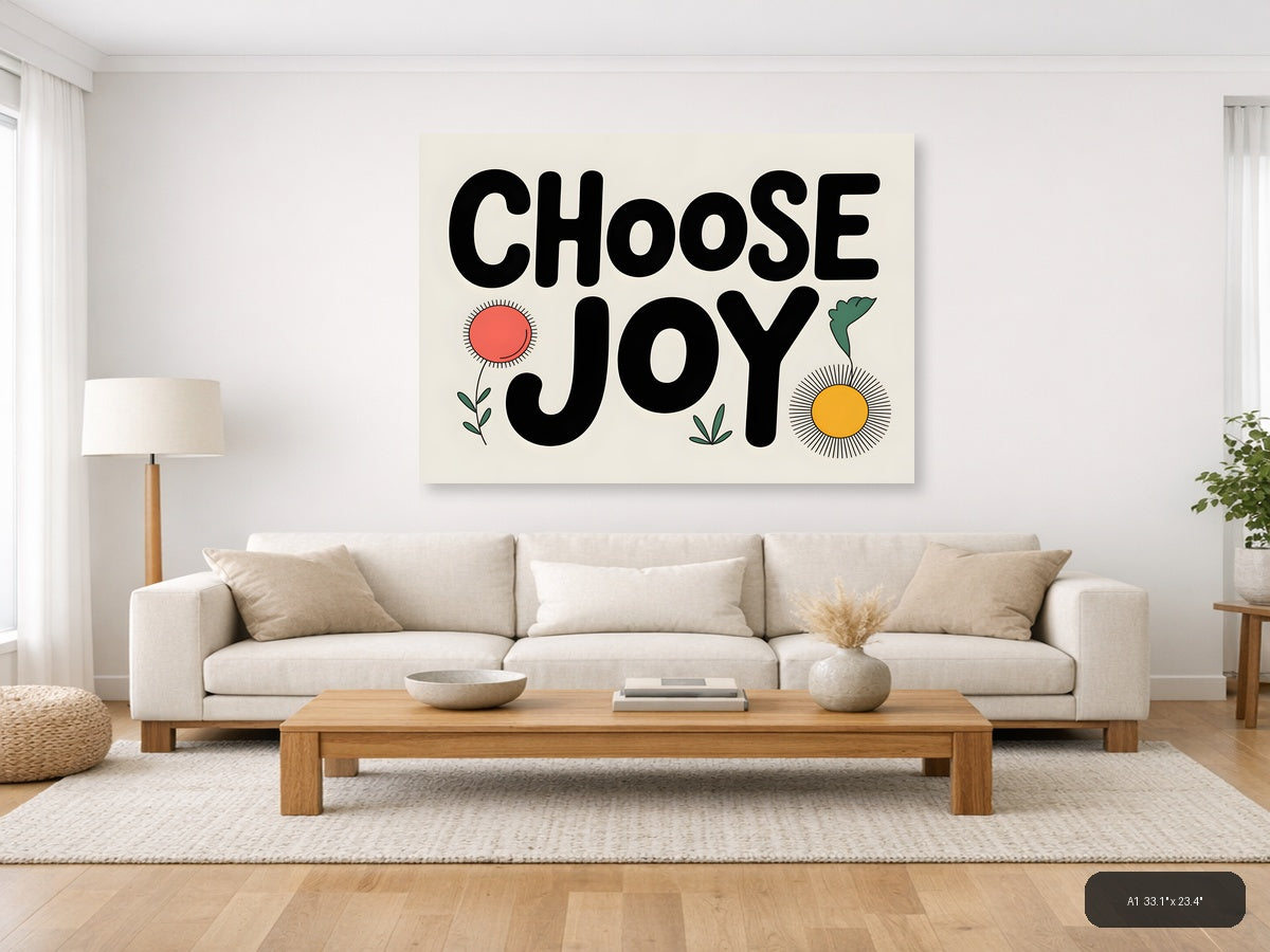 Choose Joy Line Art Print with Flowers and Sun Wall Art — A1 / Living Room