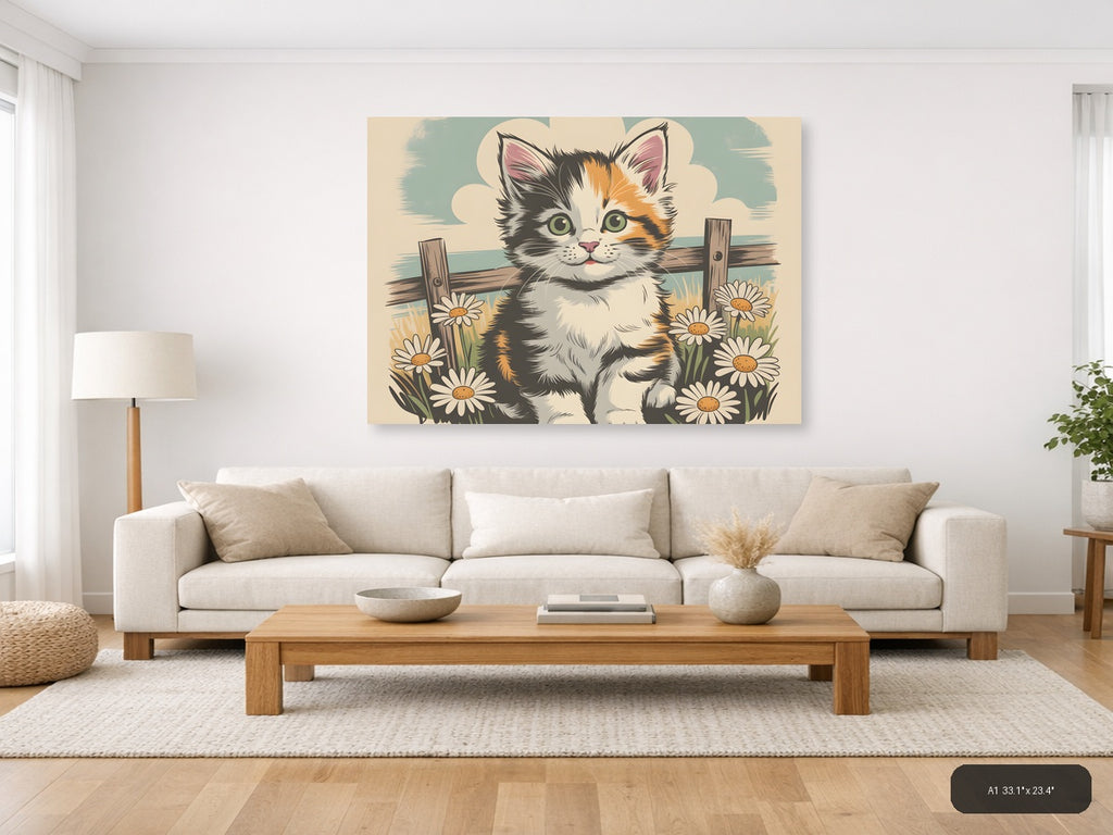Calico Kitten with Daisies Vintage Wall Art — A1 / Living Room