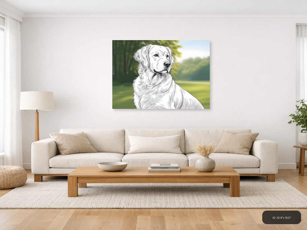 Golden Retriever Portrait Line Art Wall Art — A2 / Living Room