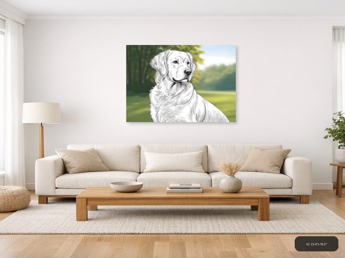 Golden Retriever Portrait Line Art Wall Art — A2 / Living Room
