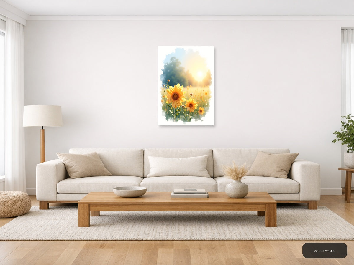 Sunflowers in Golden Light Watercolor Wall Art — A2 / Living Room