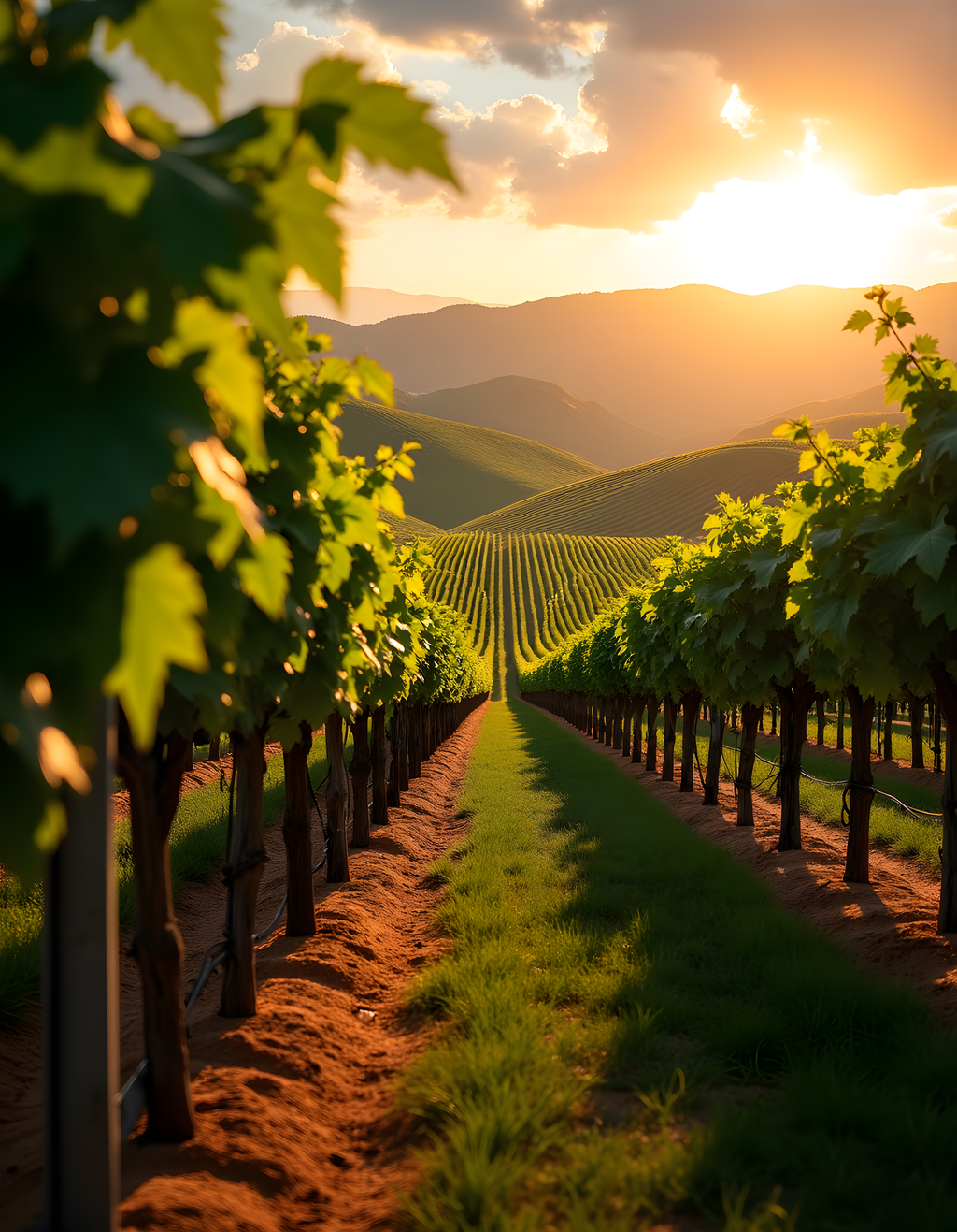 Golden Sunset Vineyard Rows Photography Wall Art