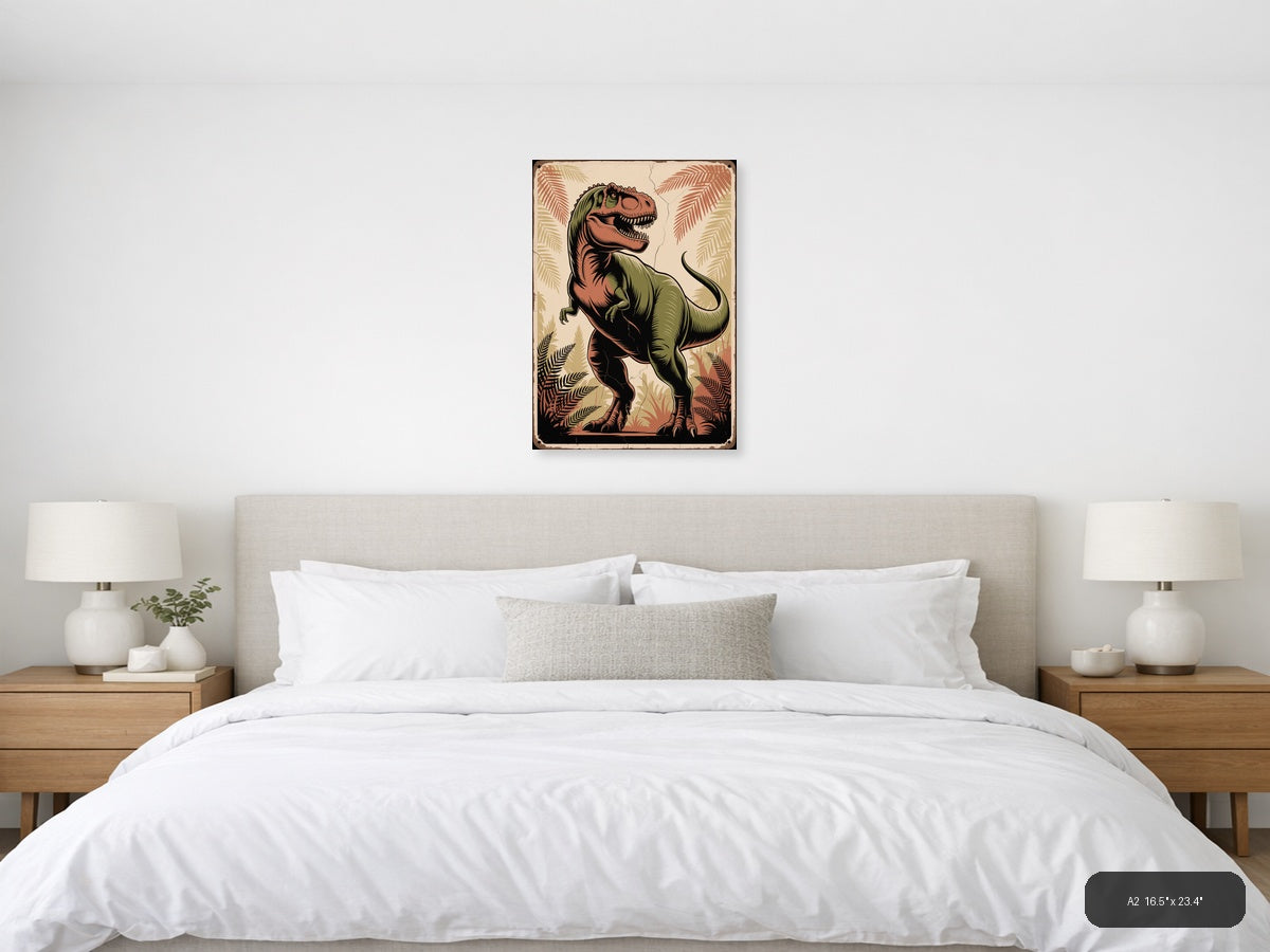 Vintage T-Rex Dinosaur Tropical Fern Wall Art — A2 / Bedroom