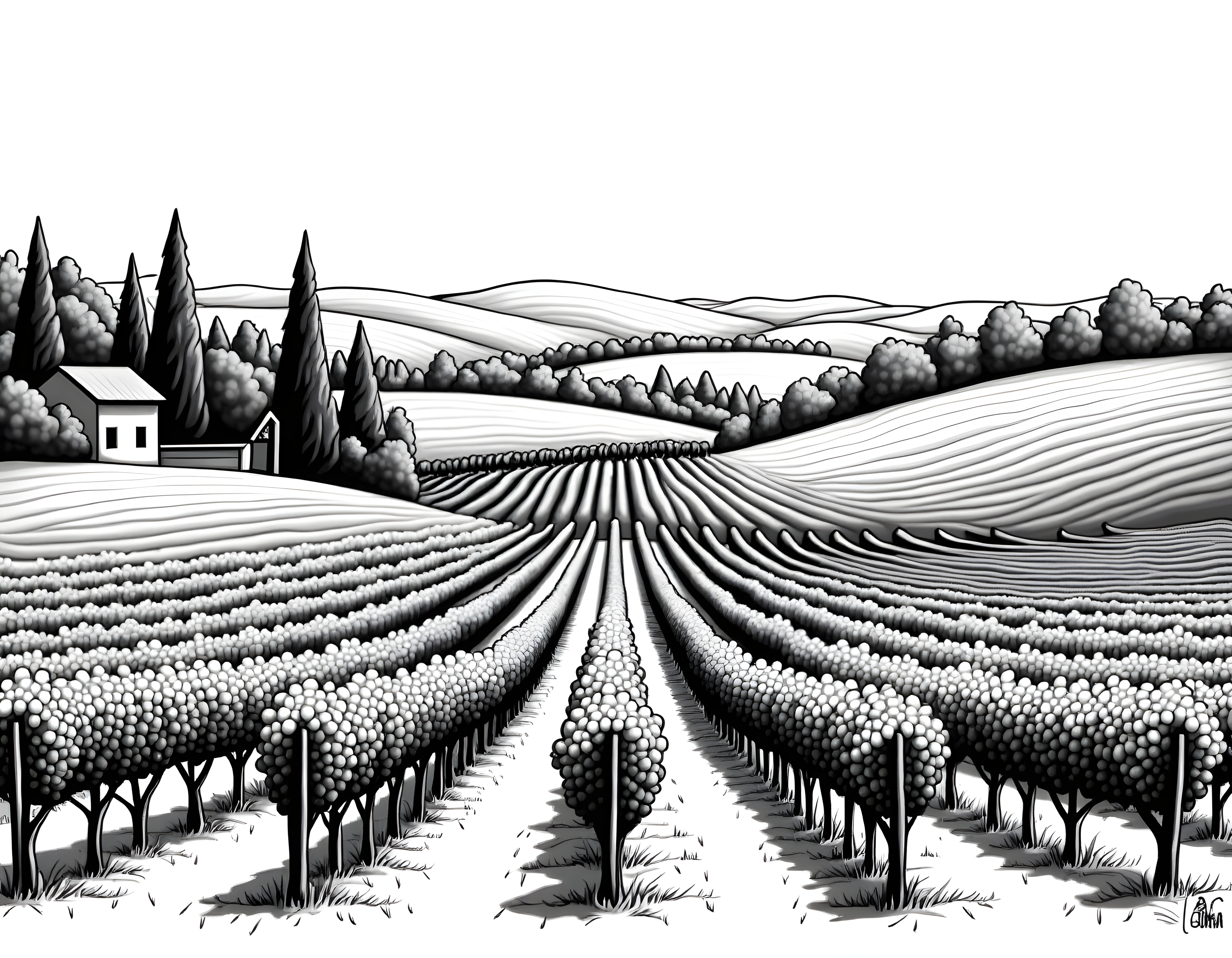 Tuscan Vineyard Landscape Line Art Wall Art