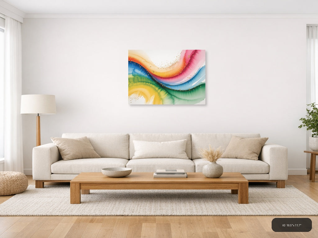 Rainbow Watercolor Flow Gold Splatter Wall Art — A3 / Living Room
