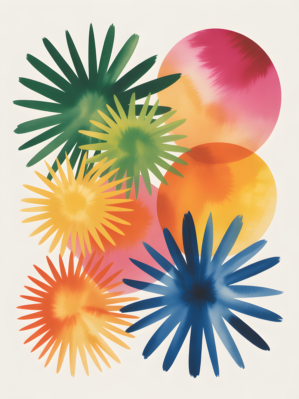 Colorful Watercolor Sunflowers & Circles Wall Art