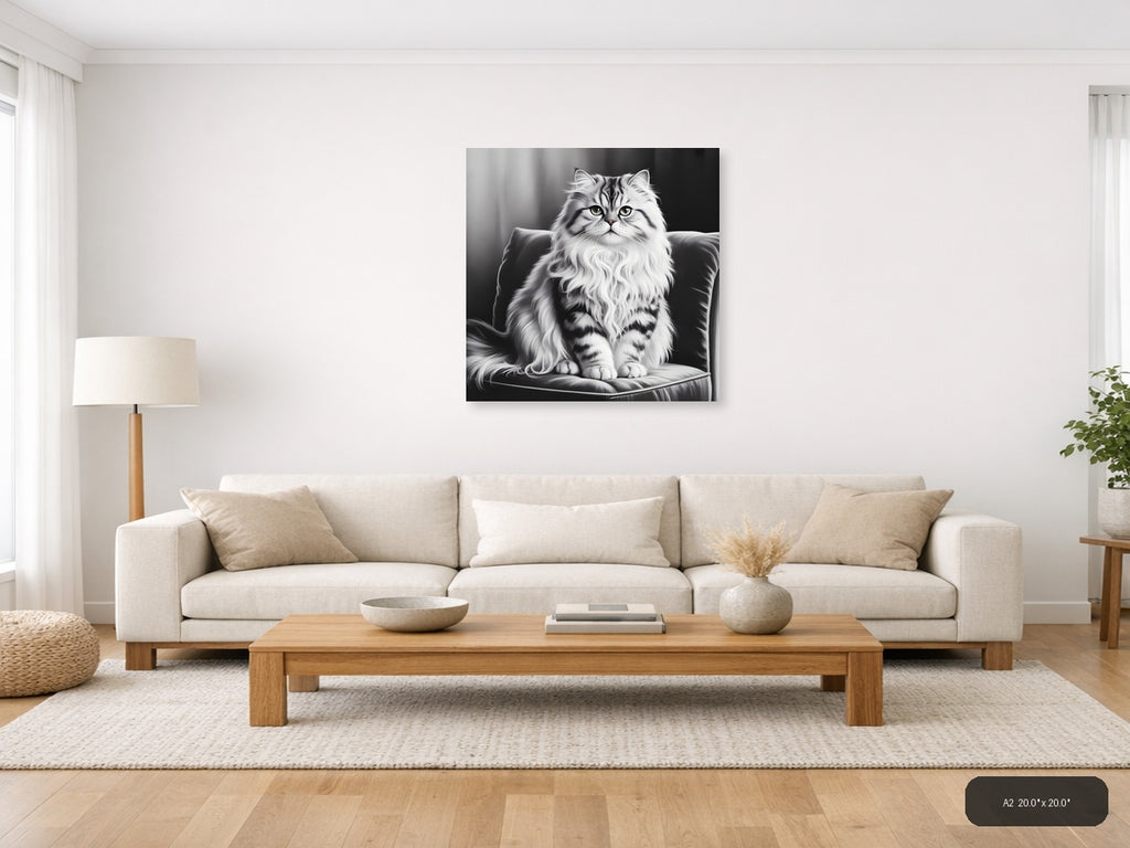 Majestic Fluffy Cat Portrait Black and White Wall Art — A2 / Living Room