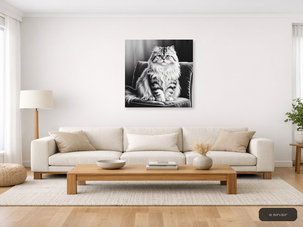 Majestic Fluffy Cat Portrait Black and White Wall Art — A2 / Living Room