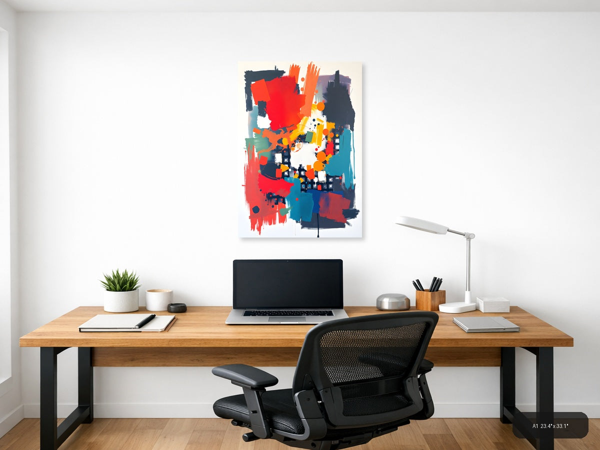Bold Abstract Composition Red Orange Teal Wall Art — A1 / Office