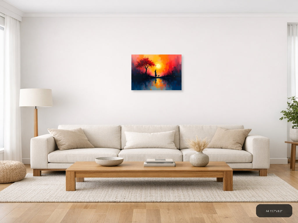 Sunset Woman with Dog & Red Tree Abstract Wall Art — A4 / Living Room