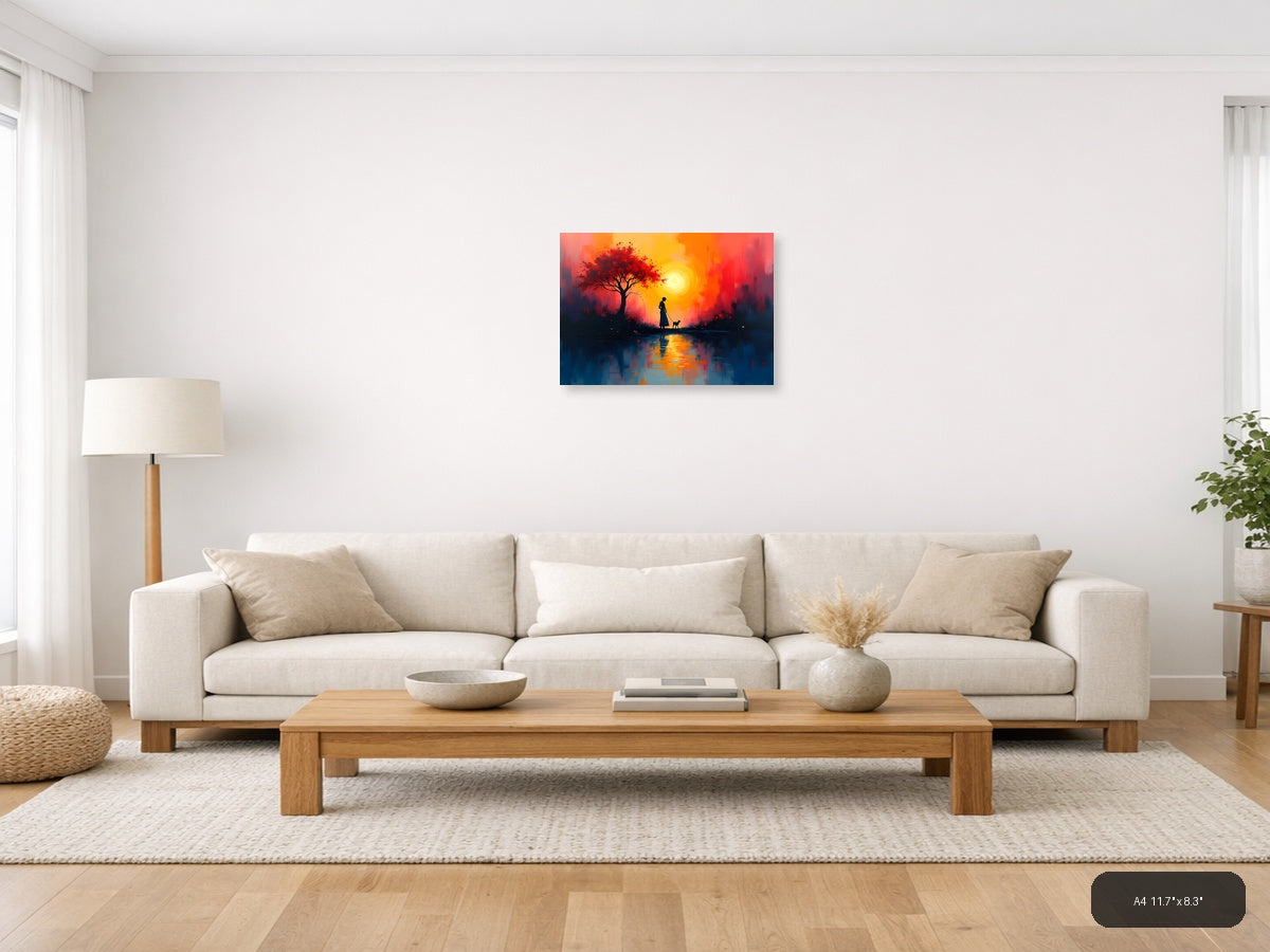Sunset Woman with Dog & Red Tree Abstract Wall Art — A4 / Living Room