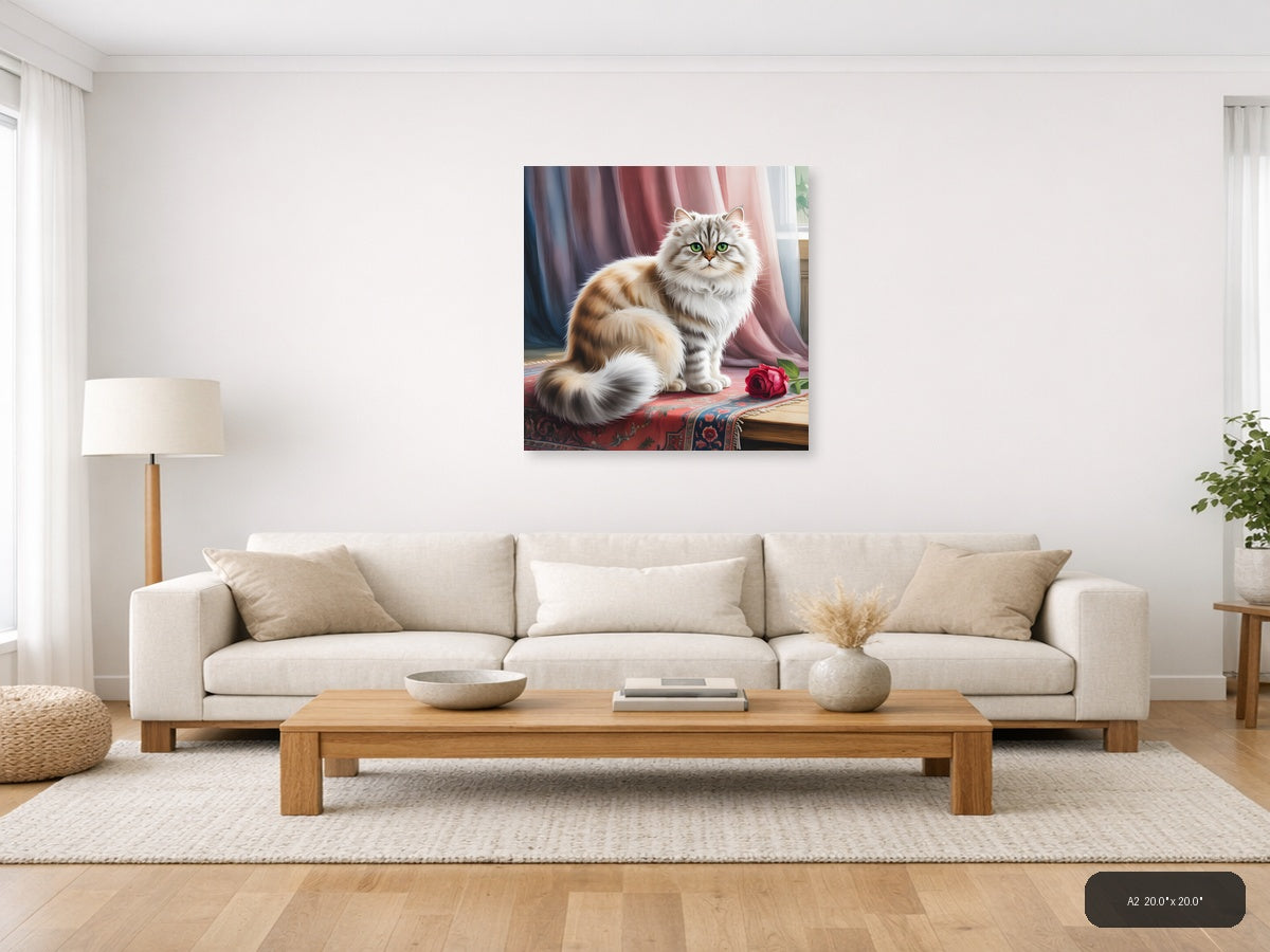 Fluffy Cat with Green Eyes Watercolor Wall Art — A2 / Living Room